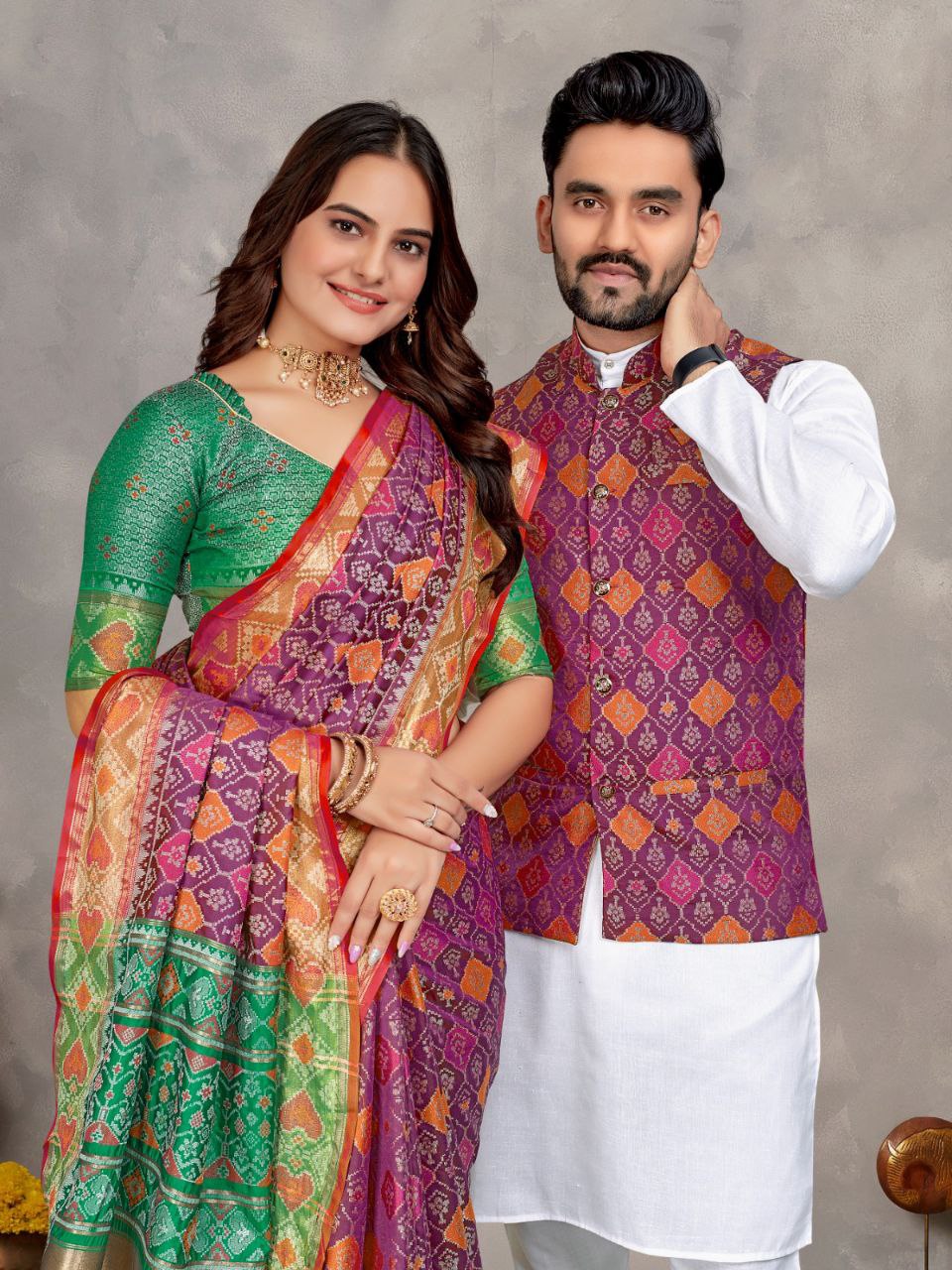 Couples wear Traditional Indian Purple Men Kurta Pajama Koti and Women Saree mahezon