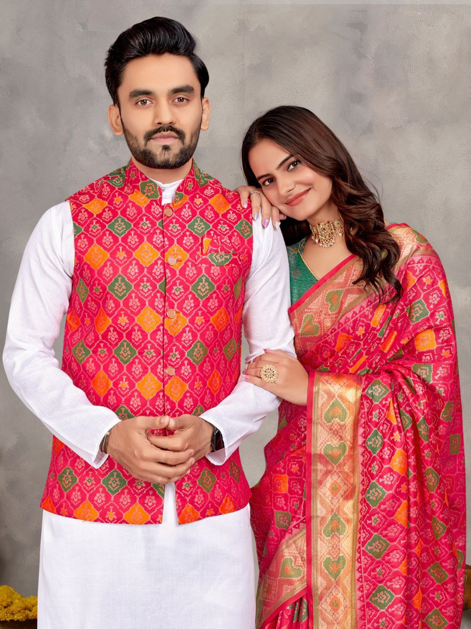 Couples wear Traditional Indian Pink Men Kurta Pajama Koti and Women S mahezon