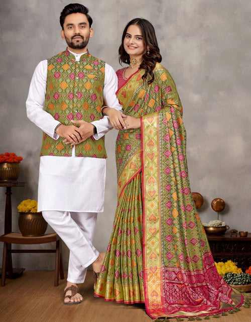 Load image into Gallery viewer, Couples wear Traditional Indian Green Mehendi Men Kurta Pajama Koti and Women Saree mahezon
