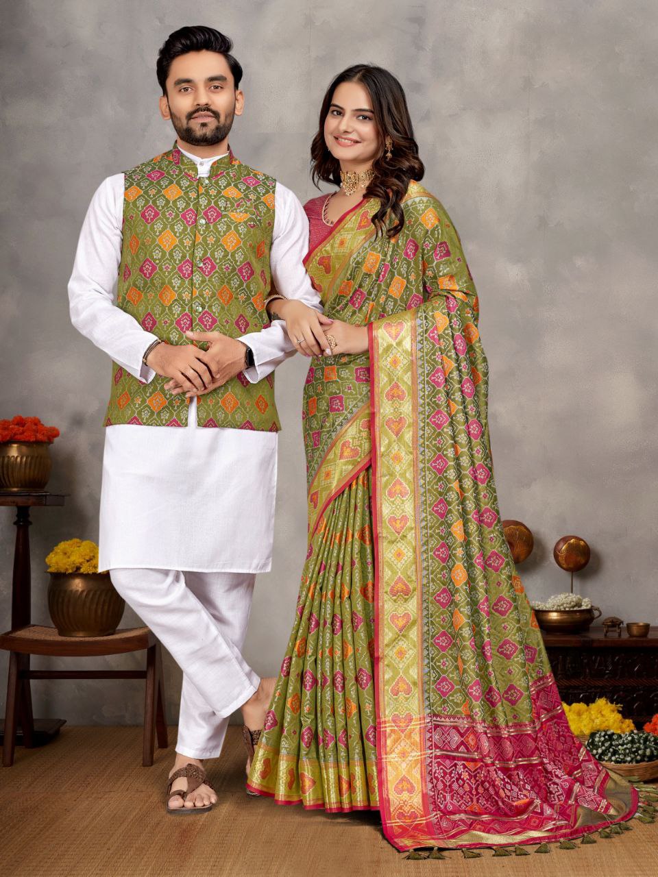 Couples wear Traditional Indian Green Mehendi Men Kurta Pajama Koti and Women Saree mahezon