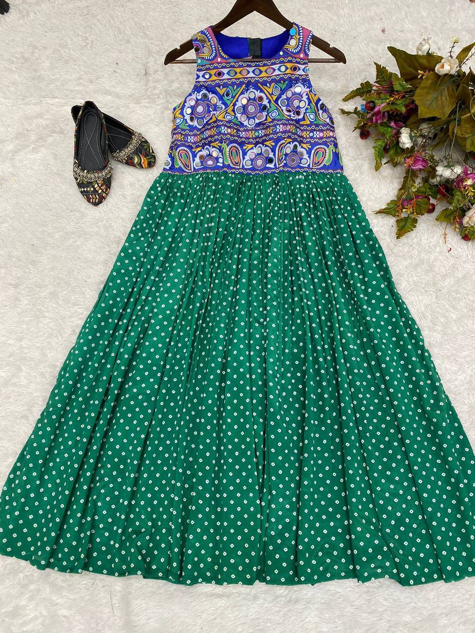 Navratri Designer Green Women Long Kurti mahezon