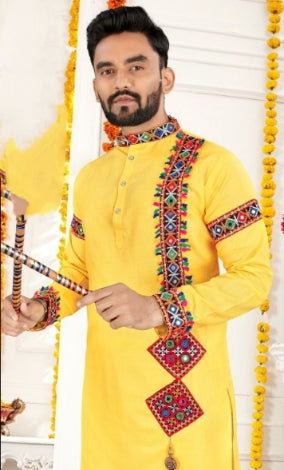 Navratri Traditional Indian Yellow Men Kurta Pajama mahezon