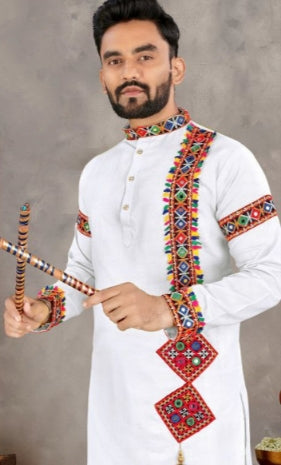 Navratri Traditional Indian White Men Kurta Pajama mahezon