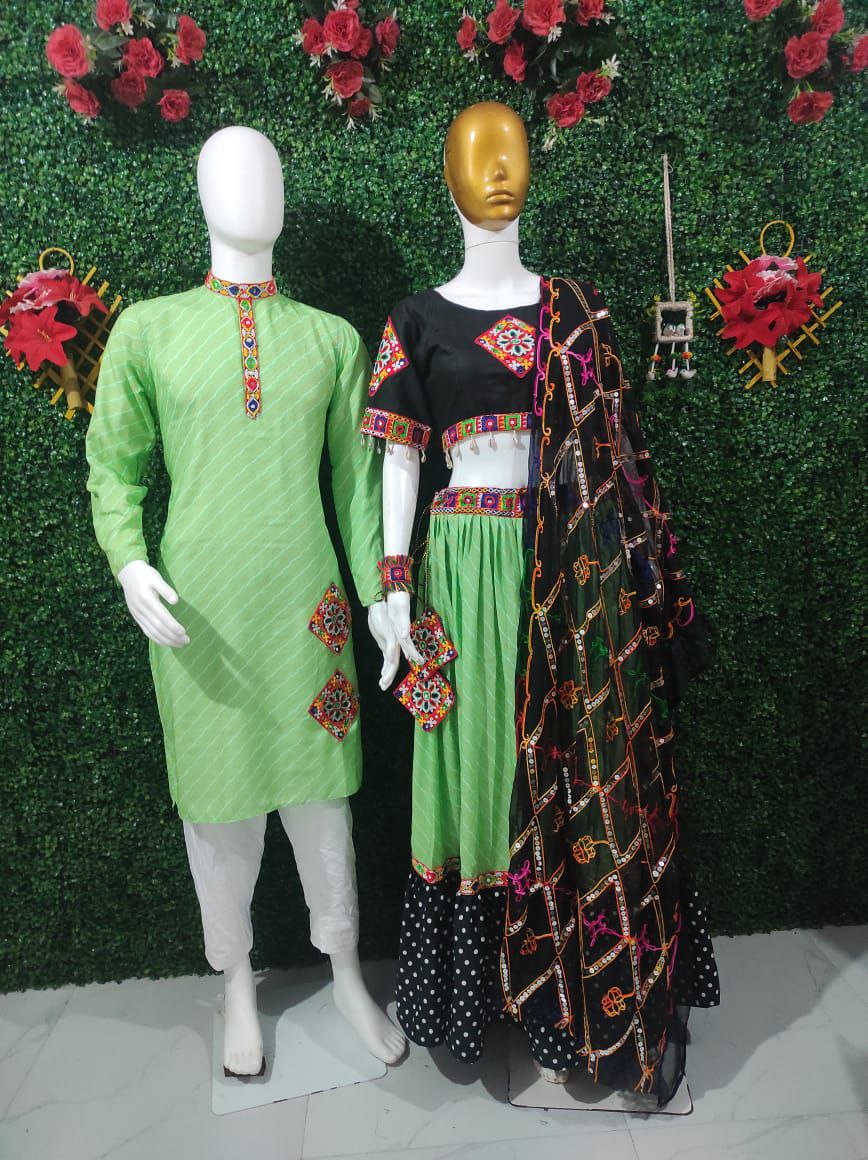 Navratri Traditional Indian Green Couple Wear Same Matching Outfits Set mahezon