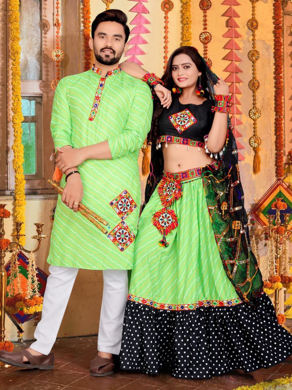 Navratri Traditional Indian Green Couple Wear Same Matching Outfits Set mahezon