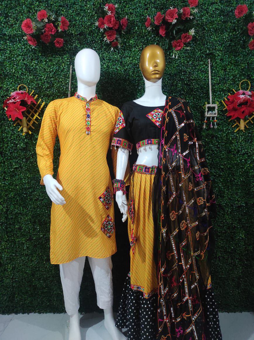 Navratri Traditional Indian Yellow Couple Wear Same Matching Outfits Set mahezon