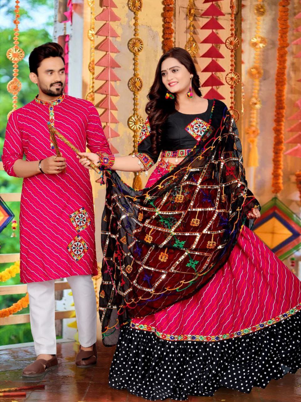 Navratri Traditional Indian Pink Couple Wear Same Matching Outfits Set mahezon