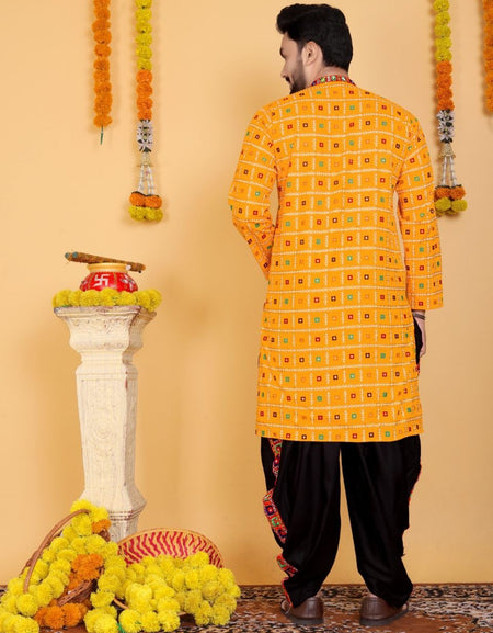 Navratri Traditional Indian Yellow Men Kurta Dhoti Set mahezon