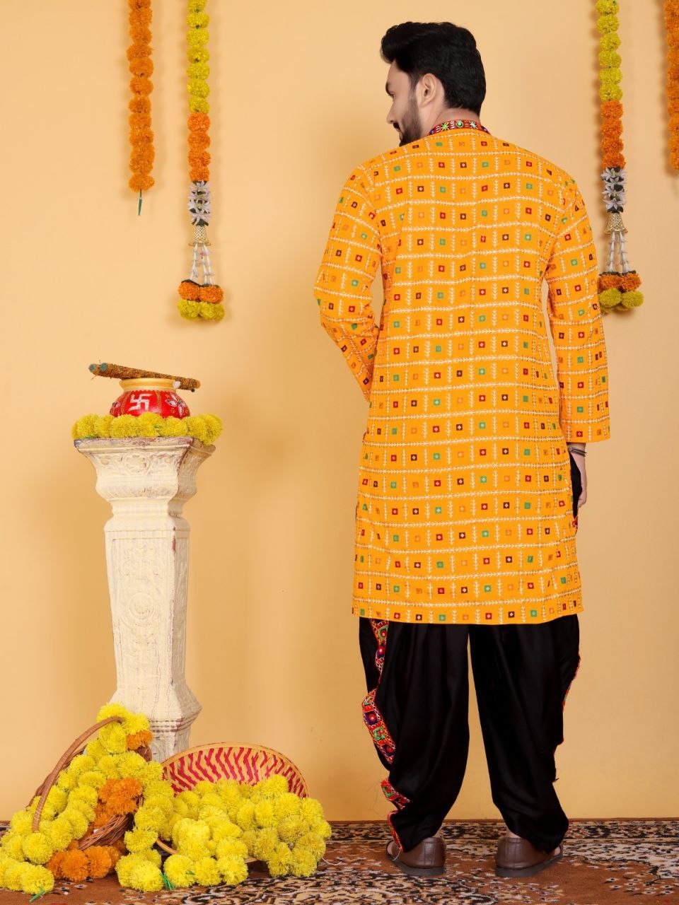 Navratri Traditional Indian Yellow Men Kurta Dhoti Set mahezon