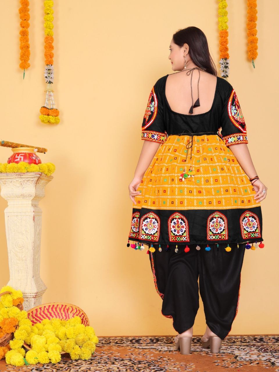 Navratri Traditional Indian Yellow Women Kedia with Dhoti Set mahezon