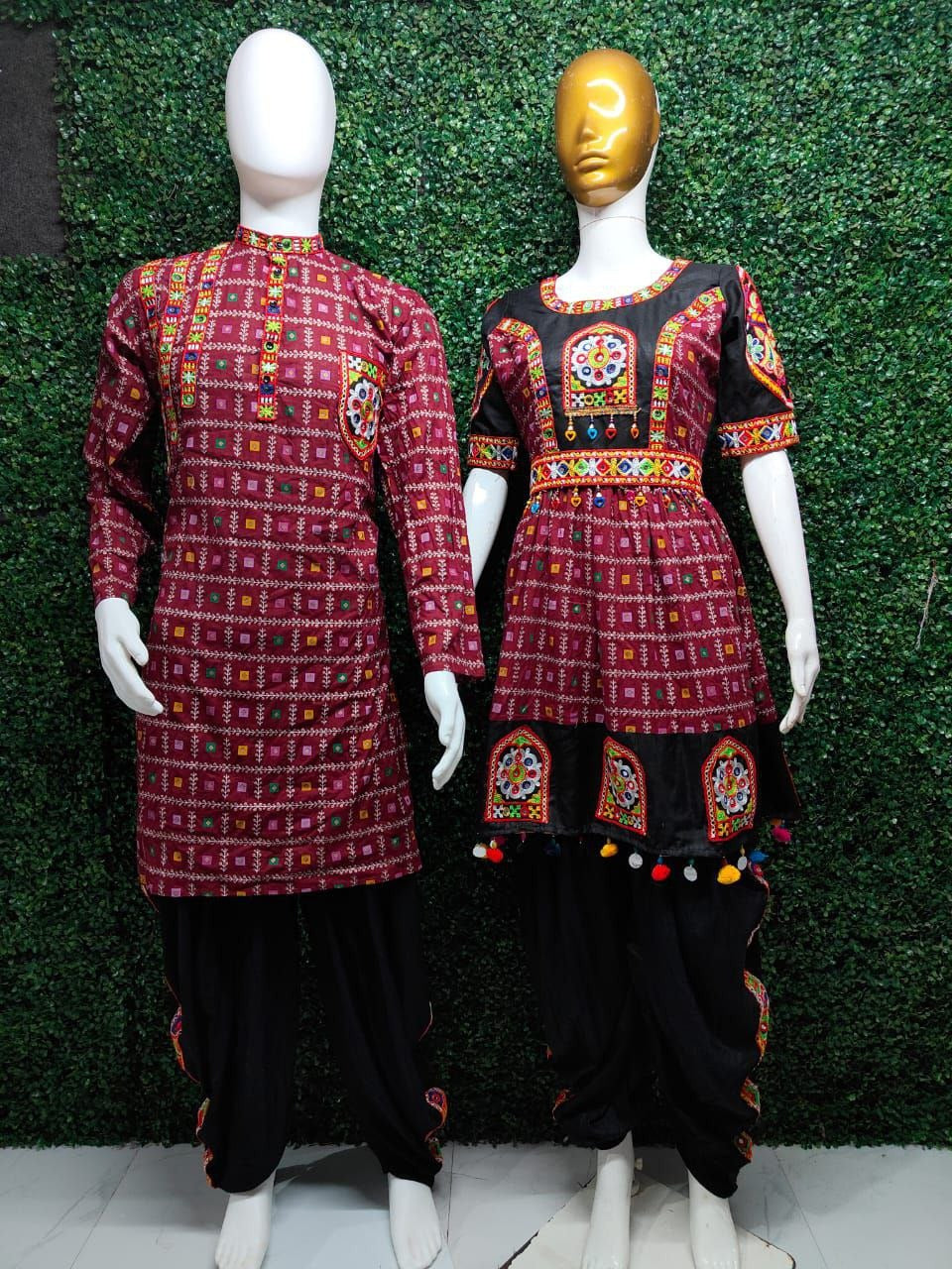 Navratri Traditional Indian Maroon Couple Wear Same Matching Outfits Set Dress mahezon