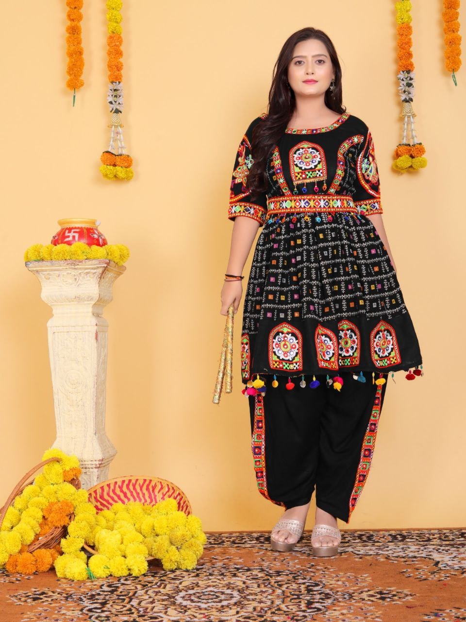 Navratri Traditional Indian Black Women Kedia with Dhoti Set mahezon