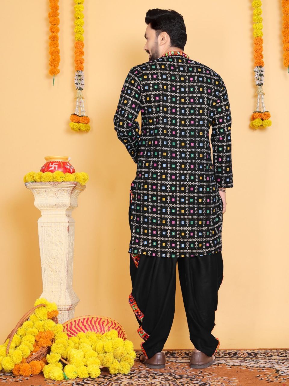 Navratri Traditional Indian Black Men Kurta Dhoti Set mahezon