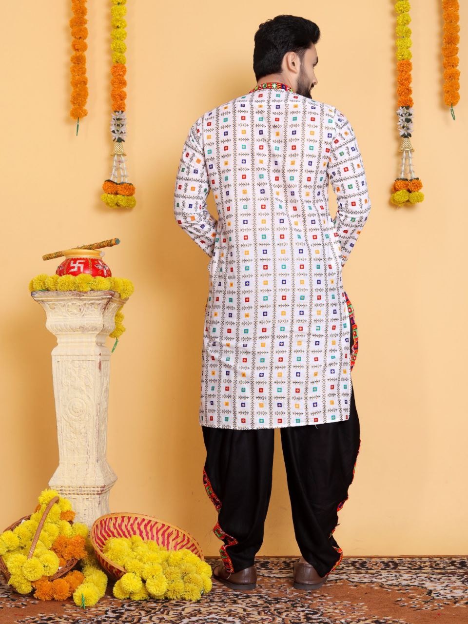 Navratri Traditional Indian White Men Kurta Dhoti Set mahezon