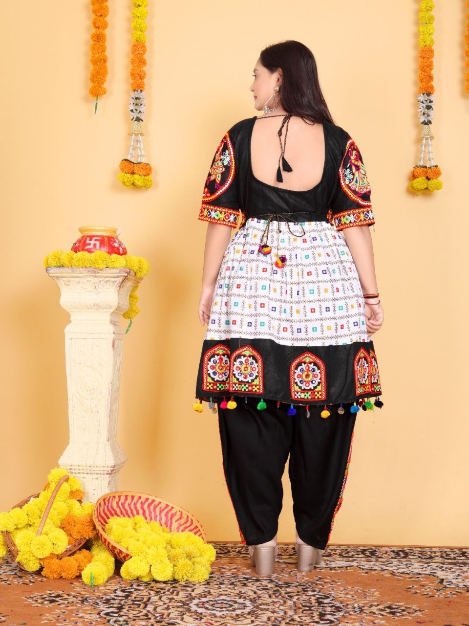 Navratri Traditional Indian White Women Kedia with Dhoti Set mahezon