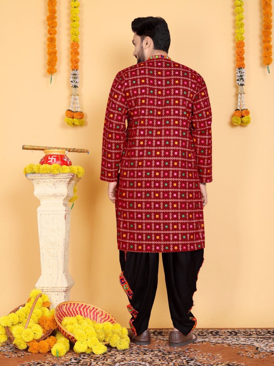 Navratri Traditional Indian Maroon Men Kurta Dhoti Set mahezon