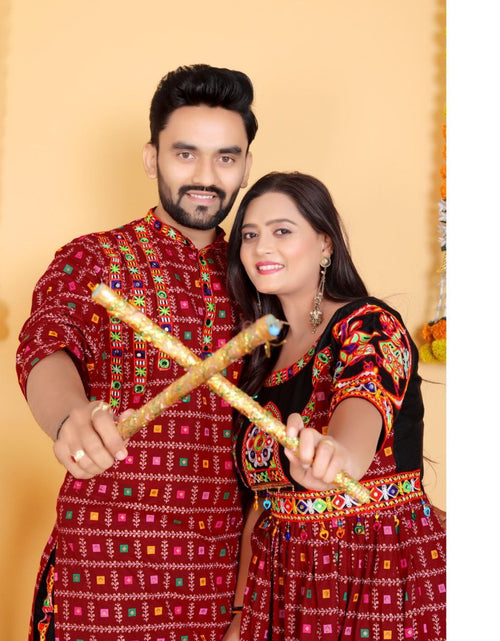 Load image into Gallery viewer, Navratri Traditional Indian Maroon Couple Wear Same Matching Outfits Set Dress mahezon
