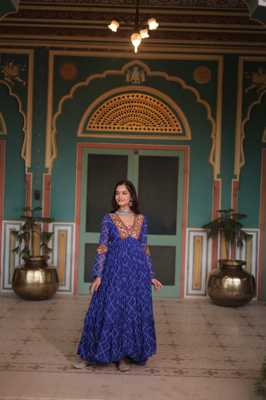 Navratri Traditional Women Blue Bandhani Print Gown mahezon