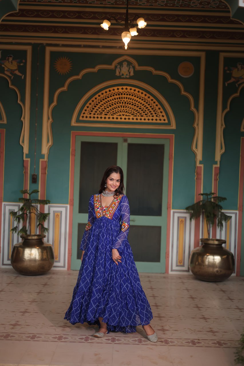 Navratri Traditional Women Blue Bandhani Print Gown mahezon