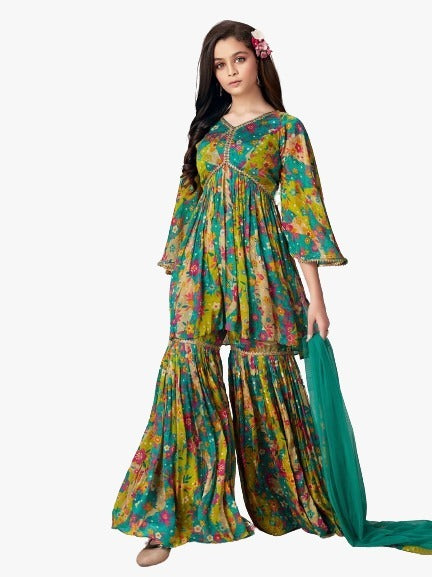 Load image into Gallery viewer, Kids Girl Top Sharara with Dupatta set mahezon
