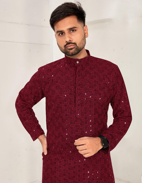 Load image into Gallery viewer, Men Traditional Maroon Chikankari Kurta Pajama for Diwali and Festival mahezon
