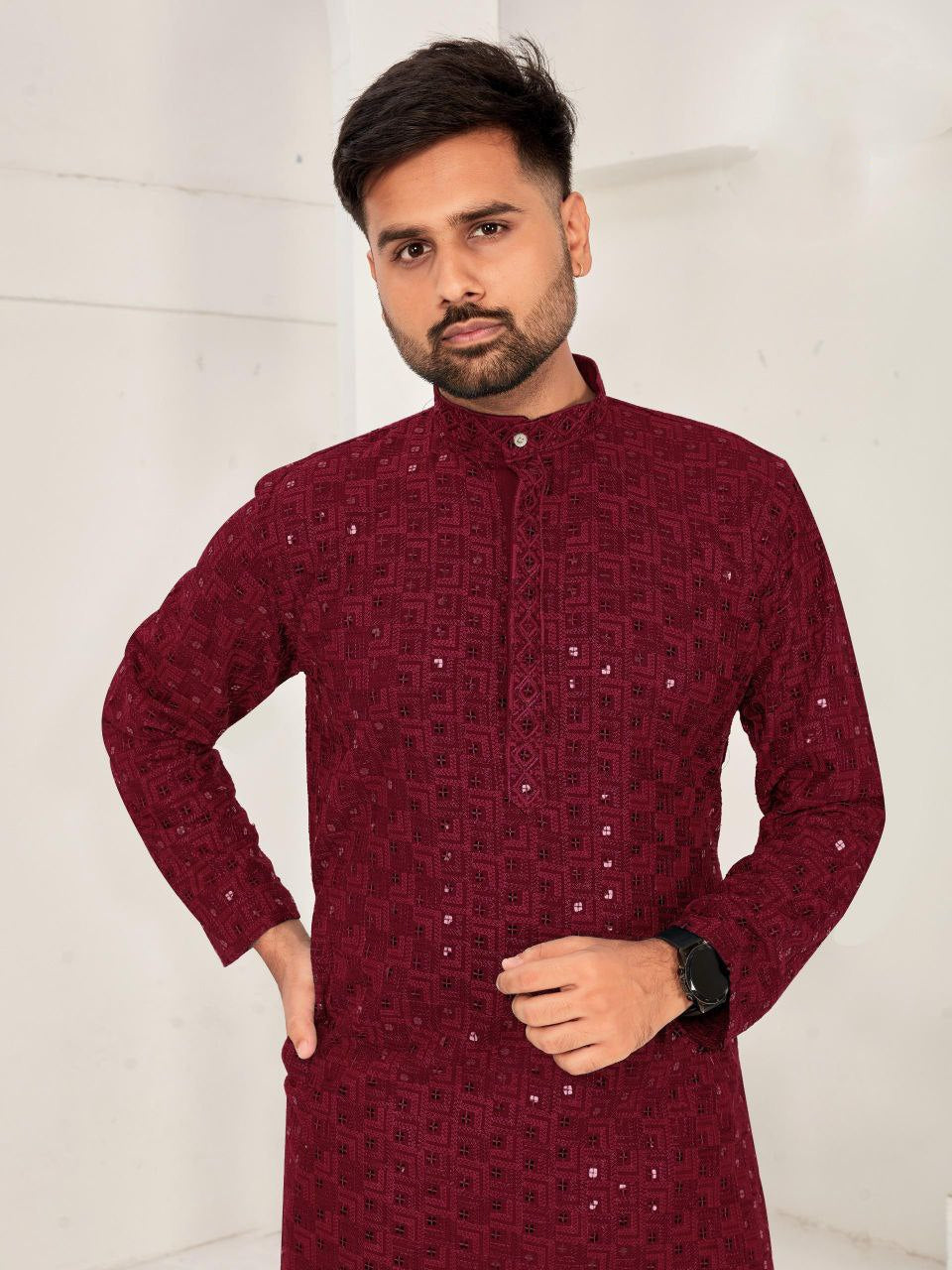 Men Traditional Maroon Chikankari Kurta Pajama for Diwali and Festival mahezon