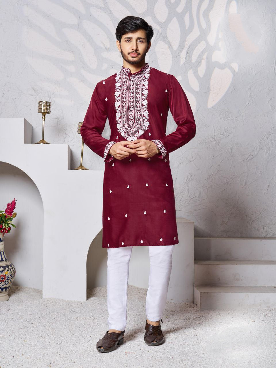 Men's Maroon Traditional Stylish Kurta Pajama Set mahezon