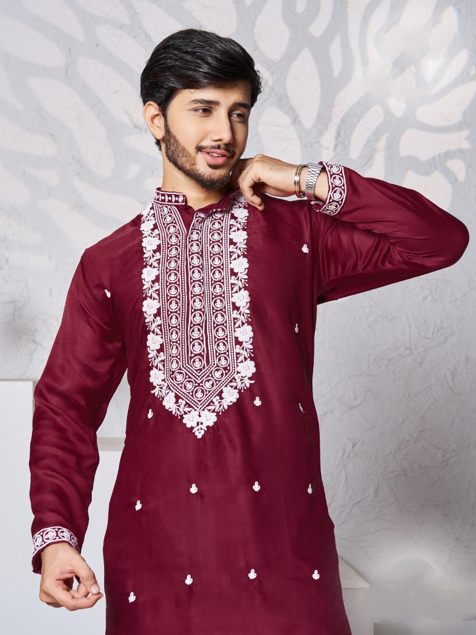 Men's Maroon Traditional Stylish Kurta Pajama Set mahezon