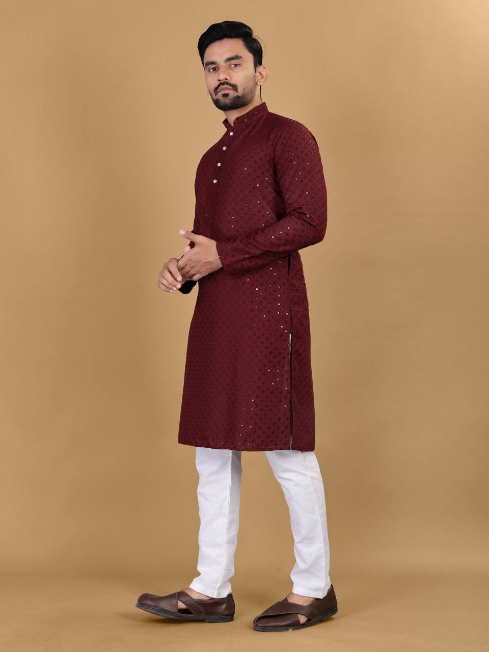 Men's Maroon Traditional Cotton Straight Fit Kurta Pajama Set mahezon