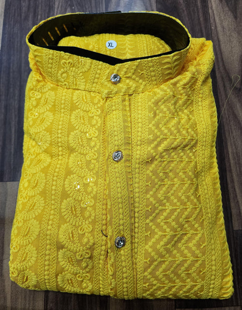 Load image into Gallery viewer, Men&#39;s Traditional Yellow Stylish Chikankari Kurta Pajama Set mahezon
