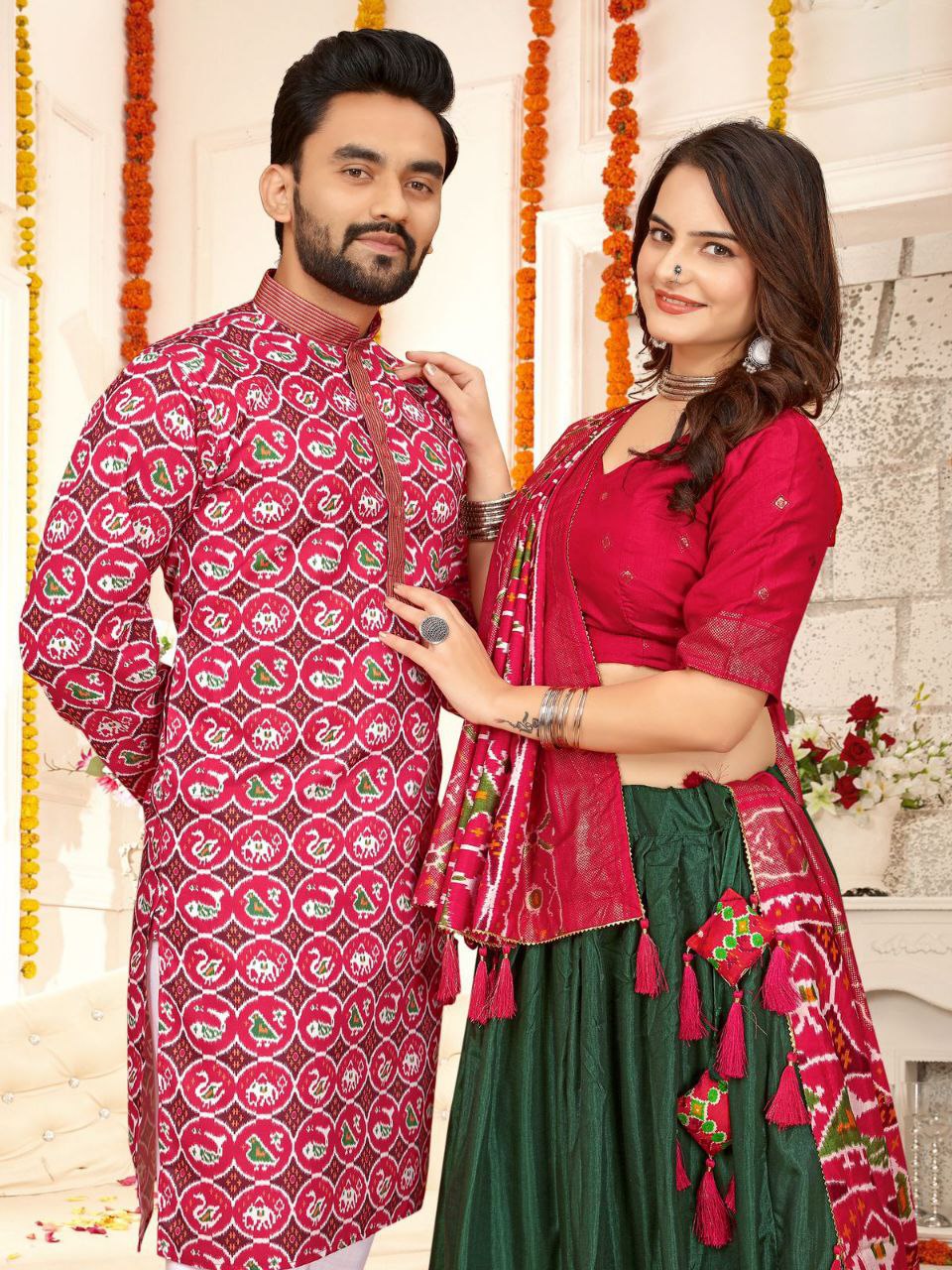 Traditional Couple Wear Men Kurta and Women Lehenga Same Matching Outfits Set mahezon