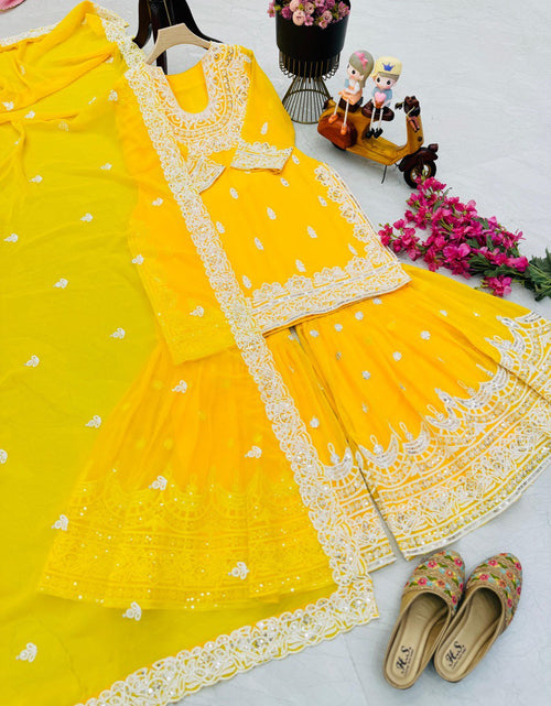 Load image into Gallery viewer, Women&#39;s Party Yellow Sharara Suit with Dupatta Set for Diwali and Festival mahezon
