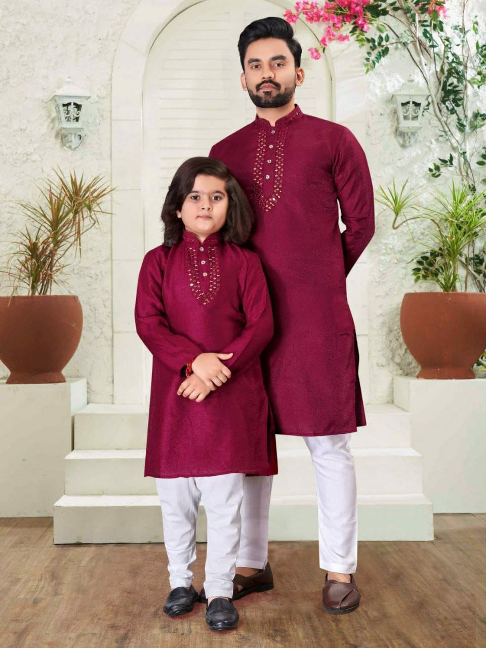 Diwali Festival Maroon Father and Son Kurta Pajama, Set mahezon