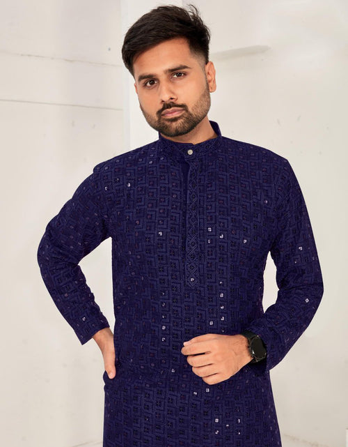 Load image into Gallery viewer, Men Traditional Chikankari Navy Blue Kurta Pajama for Diwali and Festival mahezon
