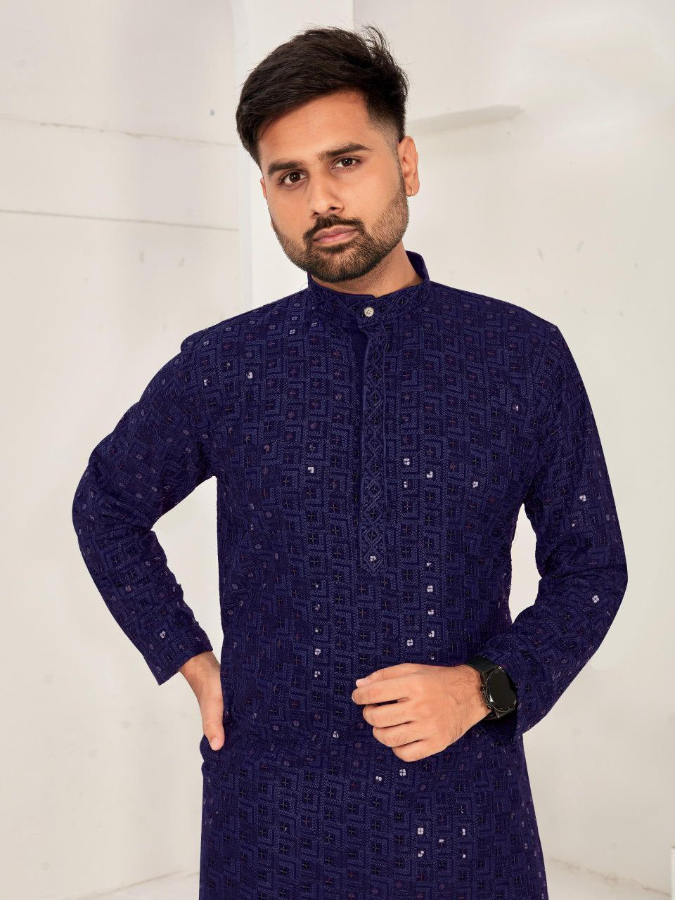 Men Traditional Chikankari Navy Blue Kurta Pajama for Diwali and Festival mahezon