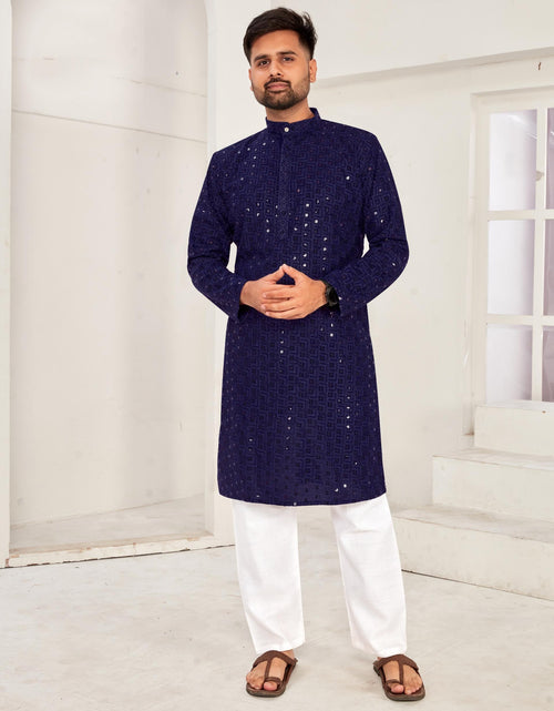 Load image into Gallery viewer, Men Traditional Chikankari Navy Blue Kurta Pajama for Diwali and Festival mahezon
