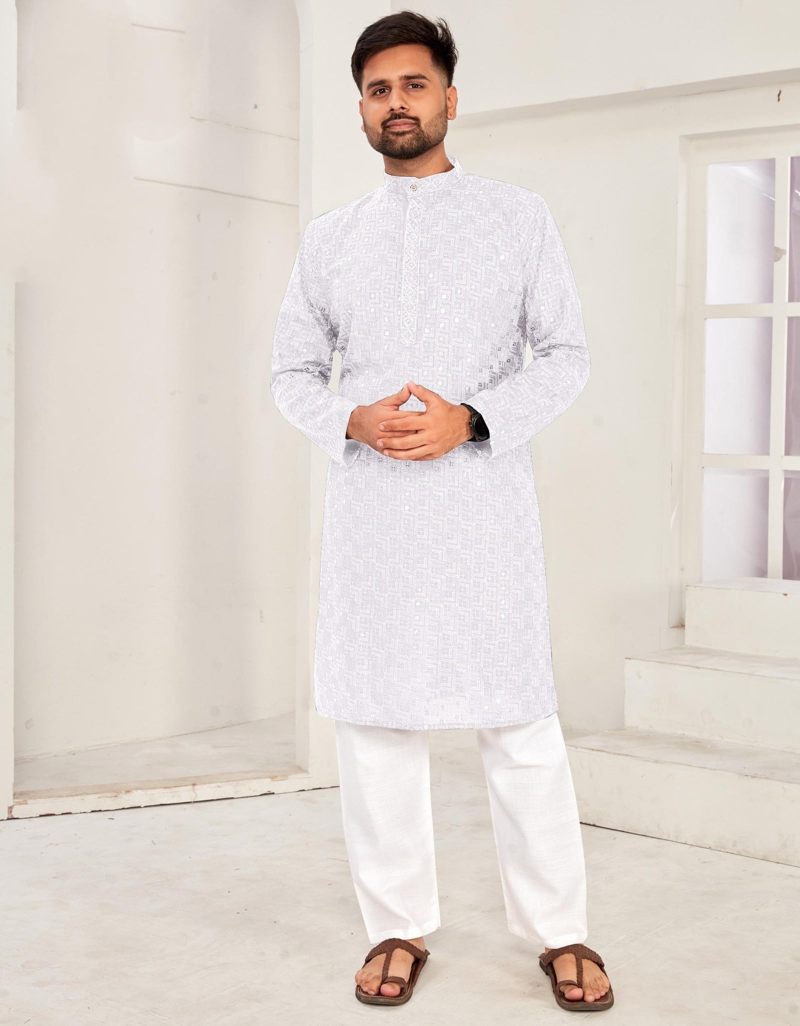 Men Traditional White Chikankari Kurta Pajama for Diwali and Festival mahezon