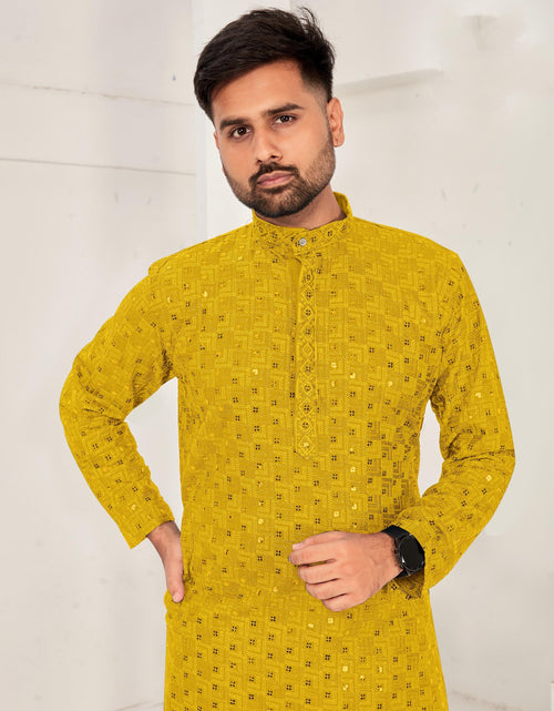 Load image into Gallery viewer, Men Traditional Yellow Chikankari Kurta Pajama for Diwali and Festival mahezon
