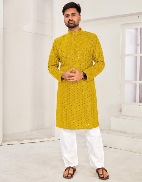 Load image into Gallery viewer, Men Traditional Yellow Chikankari Kurta Pajama for Diwali and Festival mahezon
