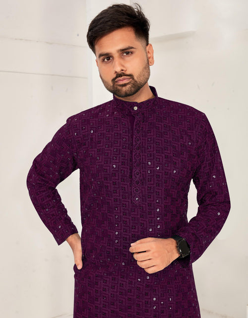 Load image into Gallery viewer, Men Traditional Purple Chikankari Kurta Pajama for Diwali and Festival mahezon
