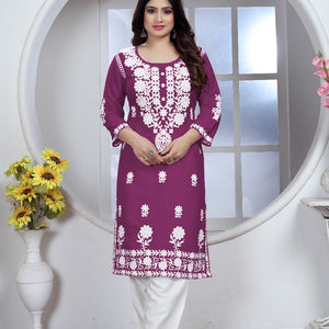 Women's Embroidery Purple Chikankari Kurta Pant Set