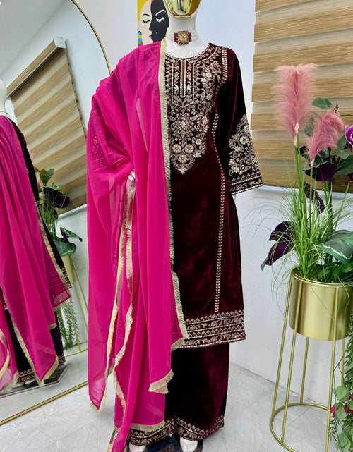 Load image into Gallery viewer, Women&#39;s Embroidery Velvet Maroon Gown Pant with Dupatta Suit mahezon
