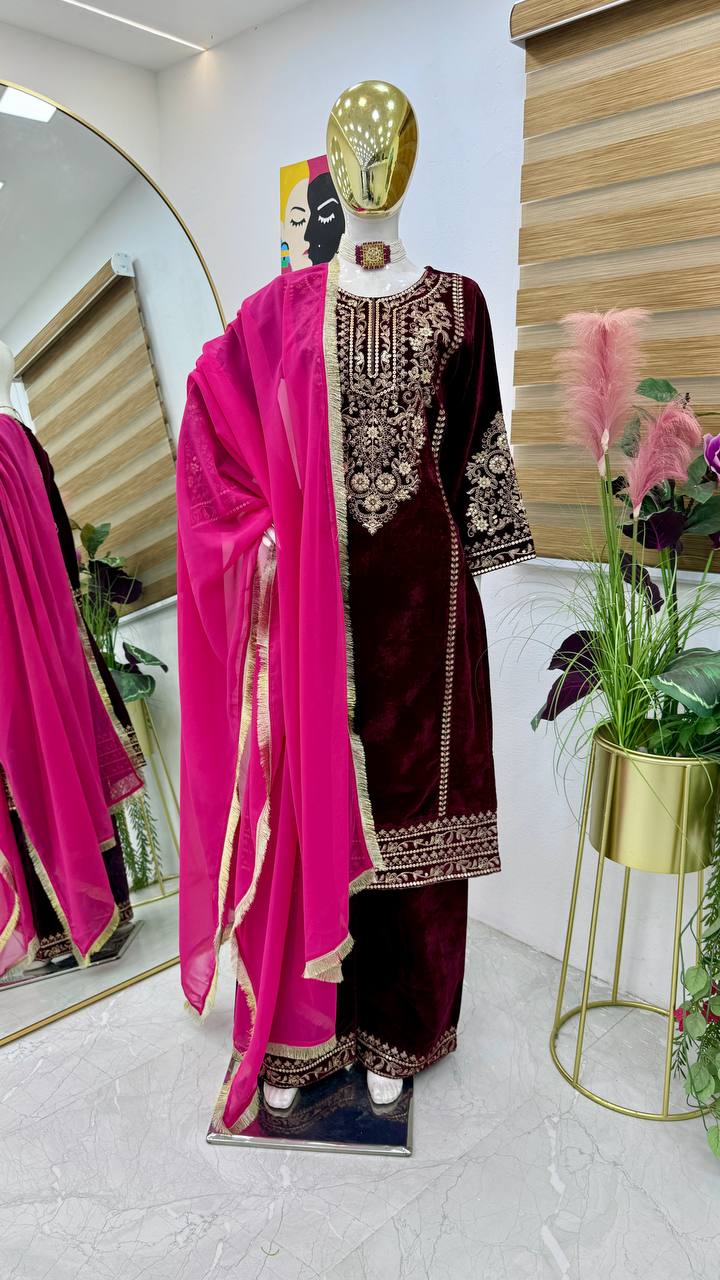 Women's Embroidery Velvet Maroon Gown Pant with Dupatta Suit mahezon