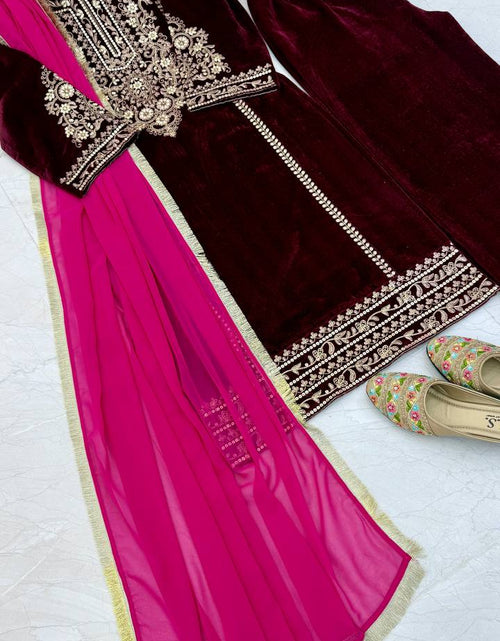 Load image into Gallery viewer, Women&#39;s Embroidery Velvet Maroon Gown Pant with Dupatta Suit mahezon
