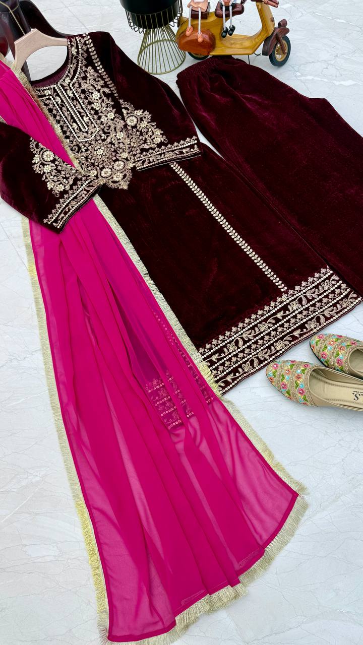 Women's Embroidery Velvet Maroon Gown Pant with Dupatta Suit mahezon