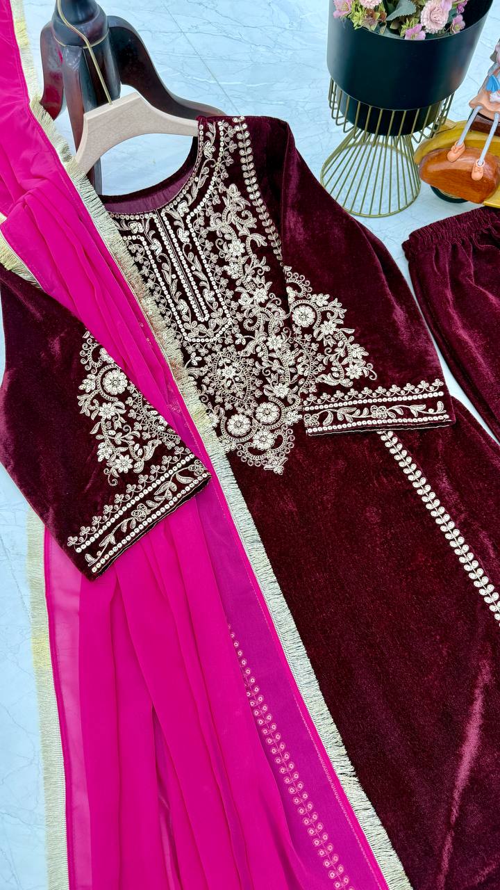 Women's Embroidery Velvet Maroon Gown Pant with Dupatta Suit mahezon