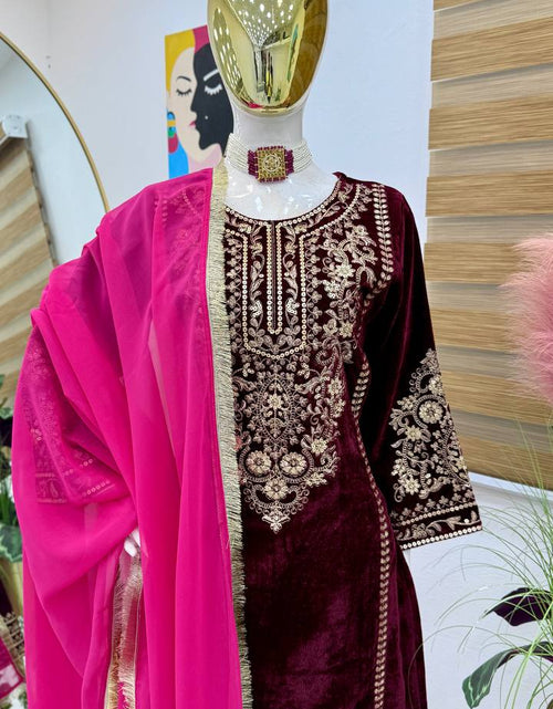 Load image into Gallery viewer, Women&#39;s Embroidery Velvet Maroon Gown Pant with Dupatta Suit mahezon
