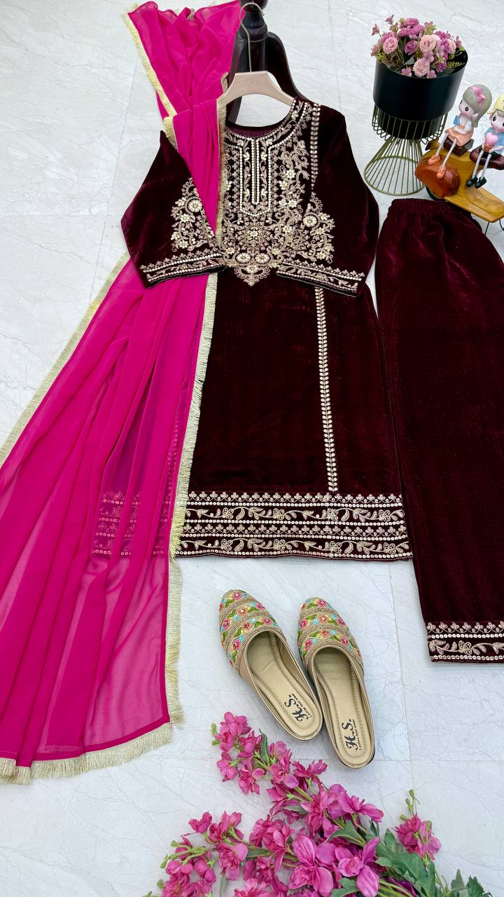 Women's Embroidery Velvet Maroon Gown Pant with Dupatta Suit mahezon