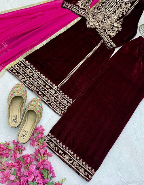 Load image into Gallery viewer, Women&#39;s Embroidery Velvet Maroon Gown Pant with Dupatta Suit mahezon
