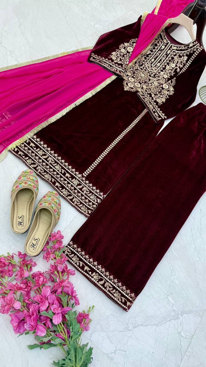 Women's Embroidery Velvet Maroon Gown Pant with Dupatta Suit mahezon